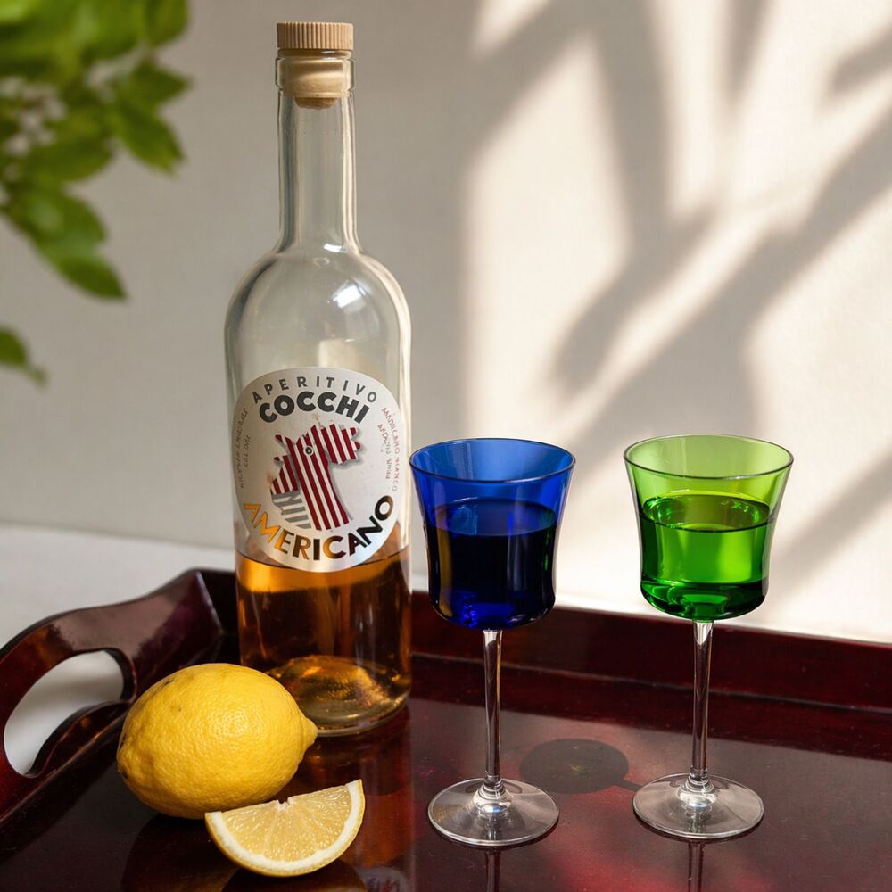 Colorful Aperitif Glasses Pair Cobalt Blue & Green Stemware Set